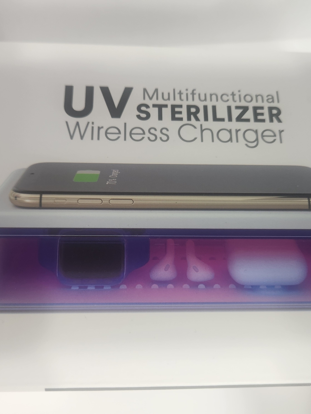 UV Multifunctional Sterilizer Wireless Charger - White with Purple Tray - Picture 9 of 12